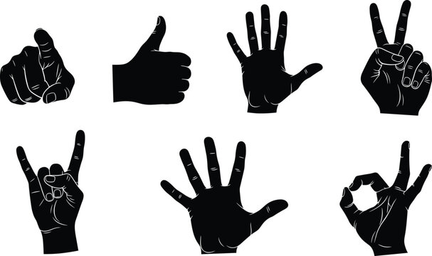 Hand gestures silhouettes set pointing thumbs up peace sign ok symbol and counting fingers isolated vector collection