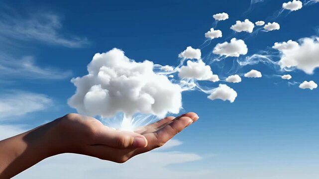 A hand gently cradles a fluffy white cloud against a vibrant blue sky, symbolizing dreams, hope, and the beauty of nature.