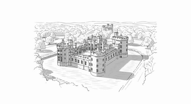 Detailed sketch of a grand castle surrounded by a moat and lush trees