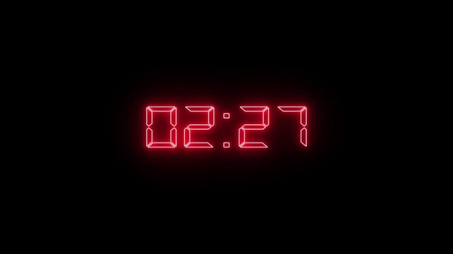 Abstract glowing neon digital 3 minute countdown animation from 180 seconds to 0 seconds on a black background.Neon three minute countdown timer.