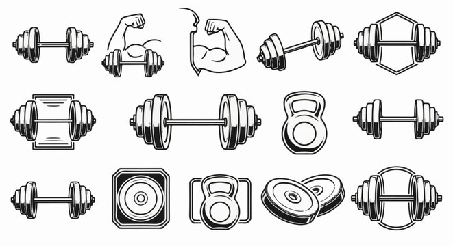Diverse collection of weightlifting and exercise equipment icons