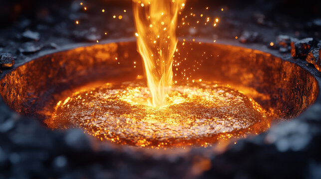Close up of a furnace with molten metal bubbling vigorously as golden sparks erupt upward from the fiery core surrounded by dark industrial slag and glowing embers in a high-temperature metallurgical