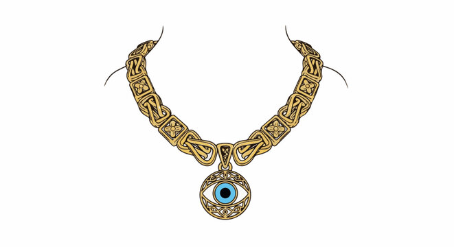 Detailed ornate gold necklace with an eye pendant