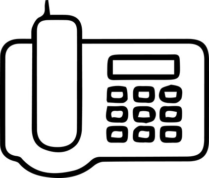 Black and white line drawing of a corded telephone with a numeric keypad telephone communication instrument