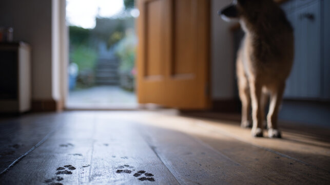 Dog paw prints on wooden floor indoors
