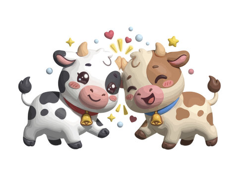 Two adorable cartoon cows bumping heads happily together.