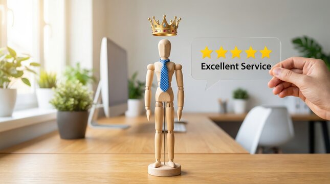 Wooden mannequin wearing a crown and tie representing excellent customer service and high business ratings.