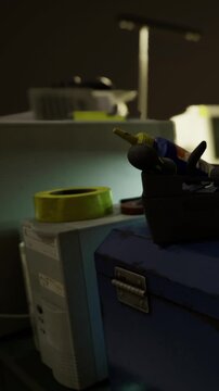 A computer sits on a desk in an office setting. A roll of tape is placed on top of the computer. Items are scattered around the workspace. The space has a busy atmosphere.