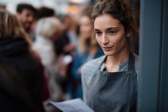 Busy street scene with female staff in apron during rush hour at a cafe