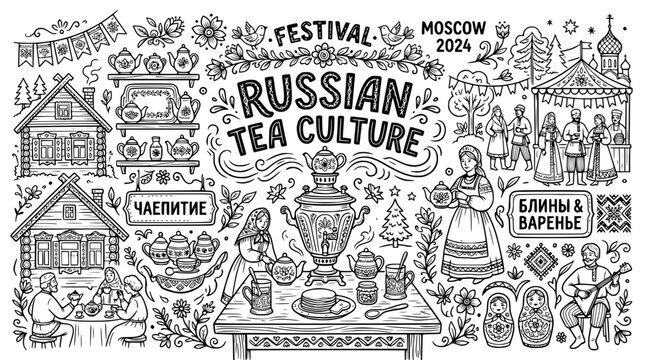 Russian Tea Culture Festival Moscow 2024 Hand Drawn Illustration
