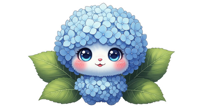 Cute cartoon character with blue hydrangea flowers for hair and leaves
