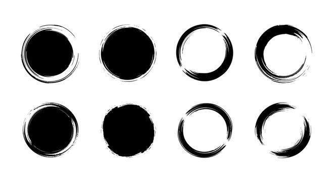 Set of eight black hand-drawn brush stroke circles and solid shapes with grunge texture on a white background, artistic design elements.