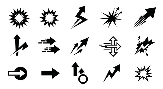 A vector set of black arrow icons and directional symbols for web design featuring 3d pointer elements and play buttons