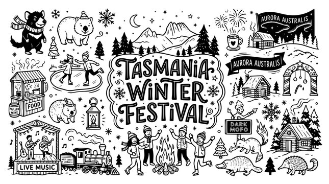 Tasmania Winter Festival Doodle Art - Hand Drawn Illustration