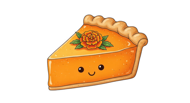Cartoon slice of pumpkin pie with a flower on top and a smiley face