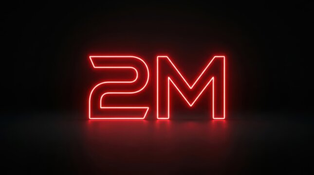 Red neon sign displaying 2M for celebrating two million followers or subscribers milestone on a dark background.