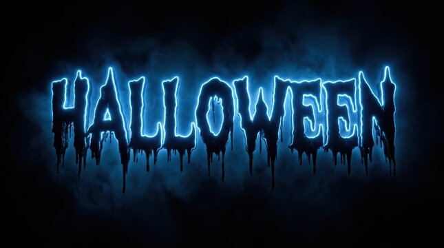 Glowing blue neon Halloween text with dripping effect on a dark smoky background.