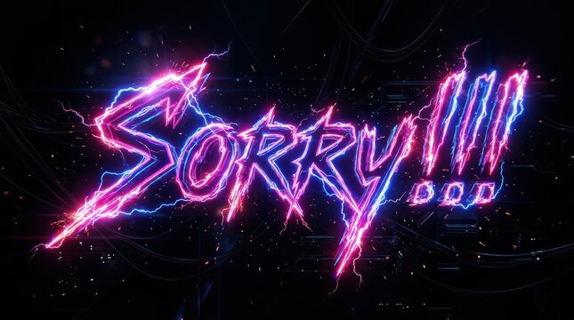 Dynamic neon apology message featuring the word sorry with electric lightning bolts and glowing purple and pink effects.