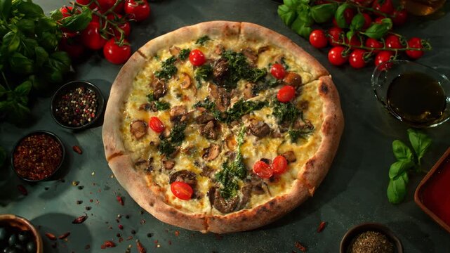 Rotating Fresh Vegetarian Pizza, Endless Loopable Slow Motion Shot.