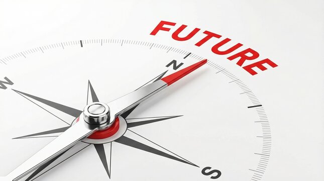 Conceptual image of a silver compass needle pointing towards the word future on a white background representing business strategy.