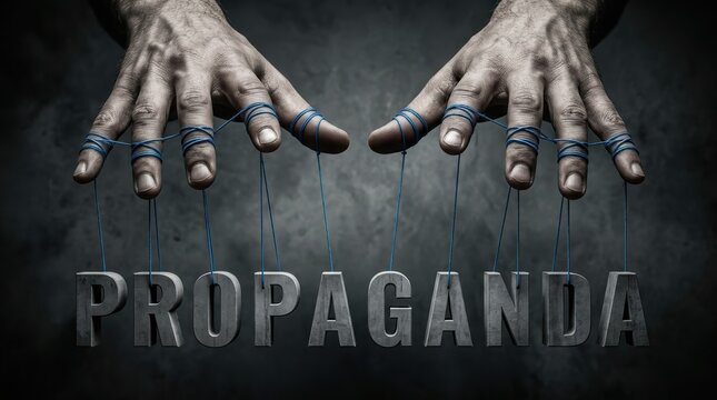 Conceptual image of hands controlling the word propaganda with strings like a puppet master.