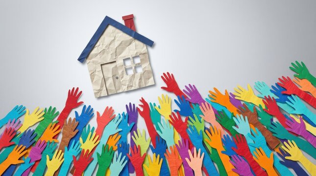 Conceptual illustration of high demand in the real estate market with many hands reaching for a paper house.