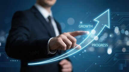 Obraz premium Businessman pointing at a glowing upward arrow representing business growth and financial progress.