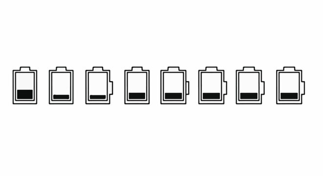 Eight outline battery icons with varying levels of charge displayed
