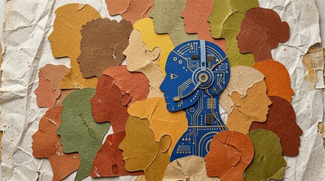 Artificial intelligence concept featuring a blue circuit board profile among diverse human paper silhouettes.