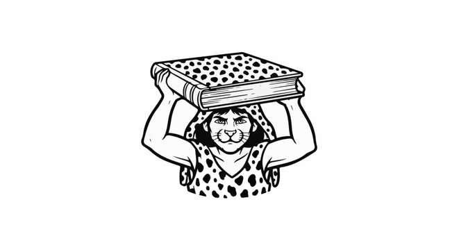 Fierce character with leopard-like attire balances a book overhead