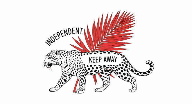 Fierce leopard with red palm frond, text "Independent" and "Keep Away