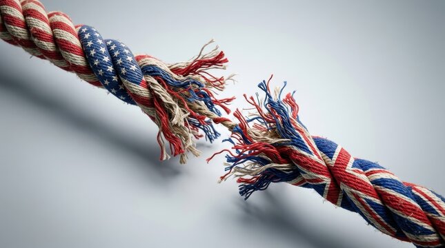 A fraying rope with American and British flag patterns representing political tension and breaking international relations.