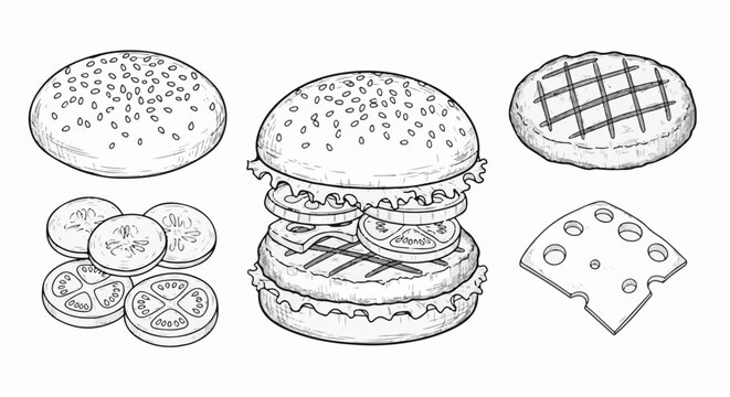 Exploded view illustration of a sesame seed bun hamburger with toppings