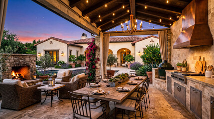 Obraz premium A luxurious outdoor dining area with a fireplace and kitchen in a beautiful house at dusk