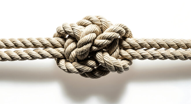 A close-up of a strong brown jute rope with a twisted knot isolated on white, showcasing the rough fiber texture and nautical strength of the tied cord