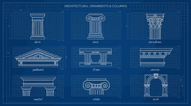 Architectural ornaments and columns illustrated in blueprints with various designs