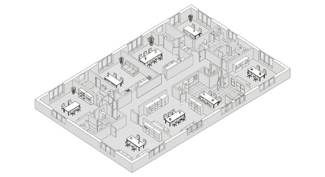 Architectural illustration depicts a detailed office building layout with multiple rooms and corridors from an aerial perspective.