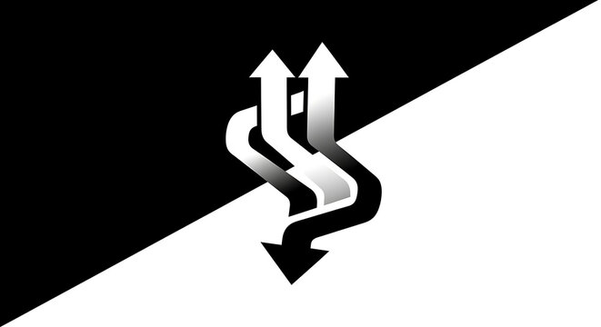 Black and white graphic with opposing arrows representing direction change direction contrast movement business decision strategy opposite transform transition alternative progress