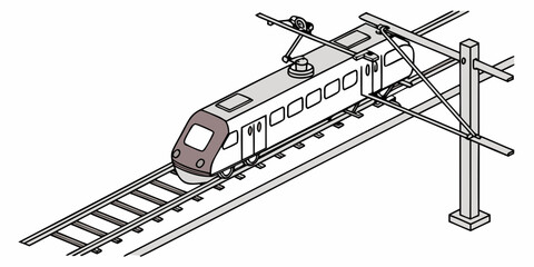 Modern electric train on tracks with overhead power lines and pantograph power line public transport electric transport overhead pantograph passenger commuter locomotive carriage technology © Mamun