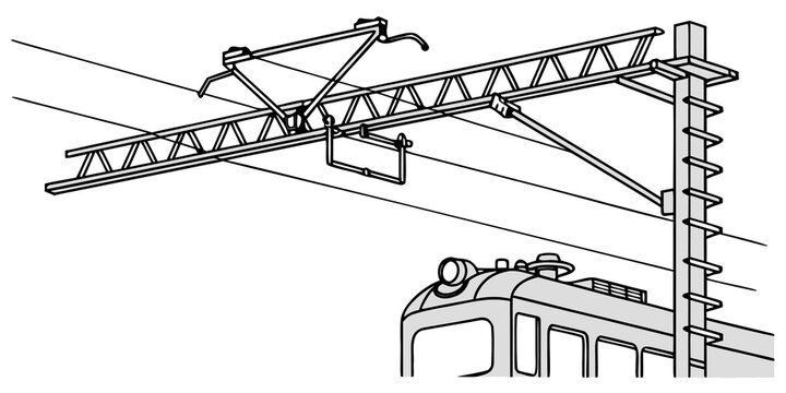 Overhead electric train power lines and pantograph detail on a pole with power line high voltage public transport overhead electric transport pantograph catenary infrastructure conductor