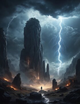 planeta de fantasia, cielo tormenta paisaje columnas ciudades ciencia ficcion