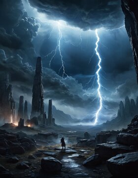 planeta de fantasia, cielo tormenta paisaje columnas ciudades ciencia ficcion