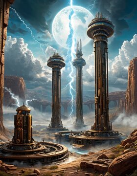 planeta de fantasia, cielo tormenta paisaje columnas ciudades ciencia ficcion