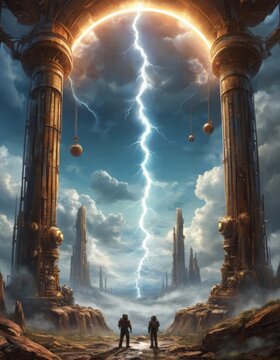 planeta de fantasia, cielo tormenta paisaje columnas ciudades ciencia ficcion
