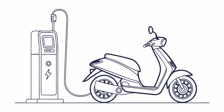 Electric moped connected to a charging station line art electric vehicle urban mobility eco friendly lithium ion personal transport green transport alternative transport zero emission