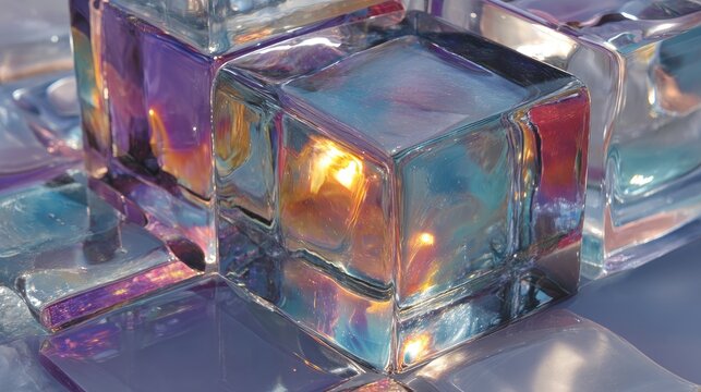 Abstract glass blocks, distortion pattern, transparent cube wall, modern architectural texture, light bending effect 