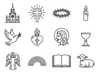 Obraz premium Outline icon set of 12 Christian religion symbols featuring church, cross, Jesus, dove, angel and sacred heart for faith design