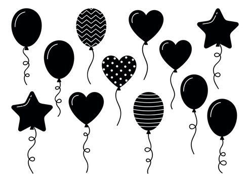 Silhouette icon set of 12 party balloons featuring round heart and star shapes with decorative patterns for celebration design