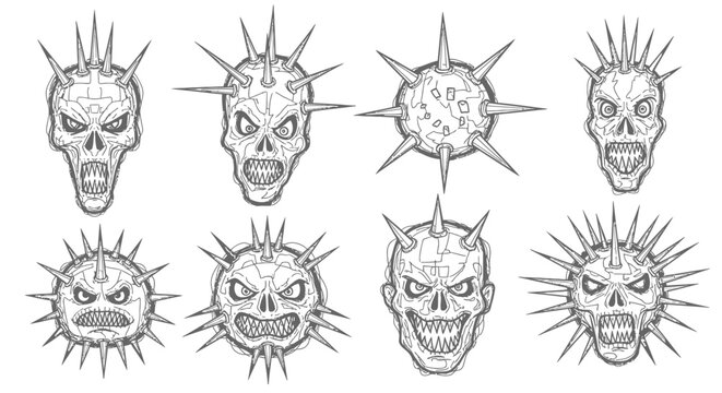 Graphic skulls and spiked spheres vector illustration
