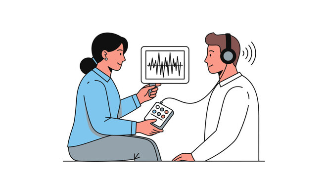 Audiologist performing hearing test on patient with headphones.